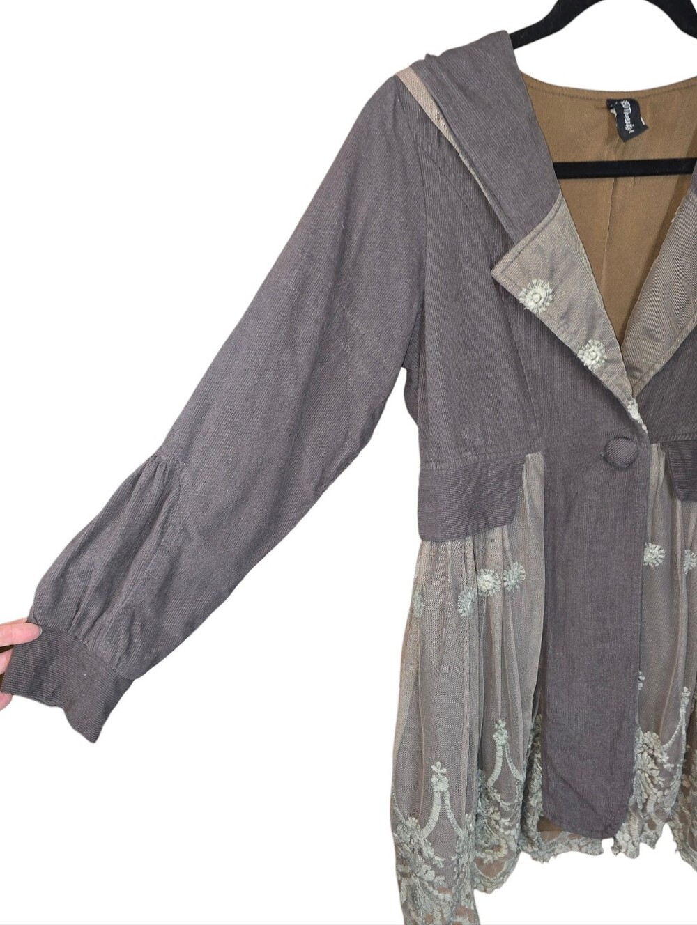 Sacred Threads Grey Corduroy & Embroidered Lace Hooded Jacket Coat - Size Small - Picture 5 of 13